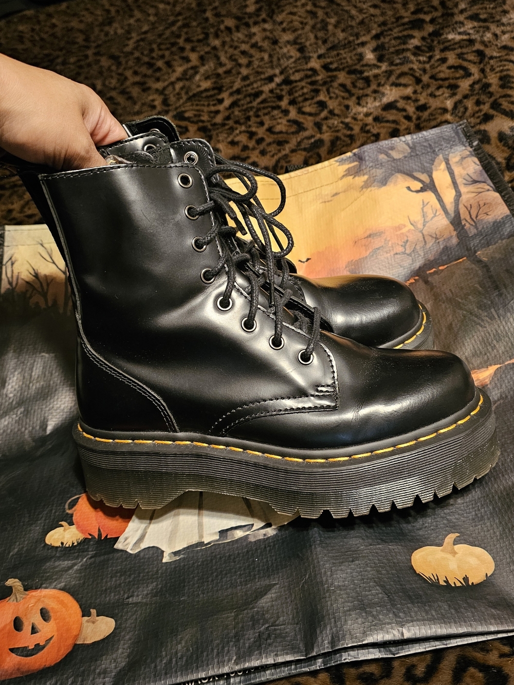 Dr. Martens Jadon Black Lace-Up Platform Boots with Yellow Stitching